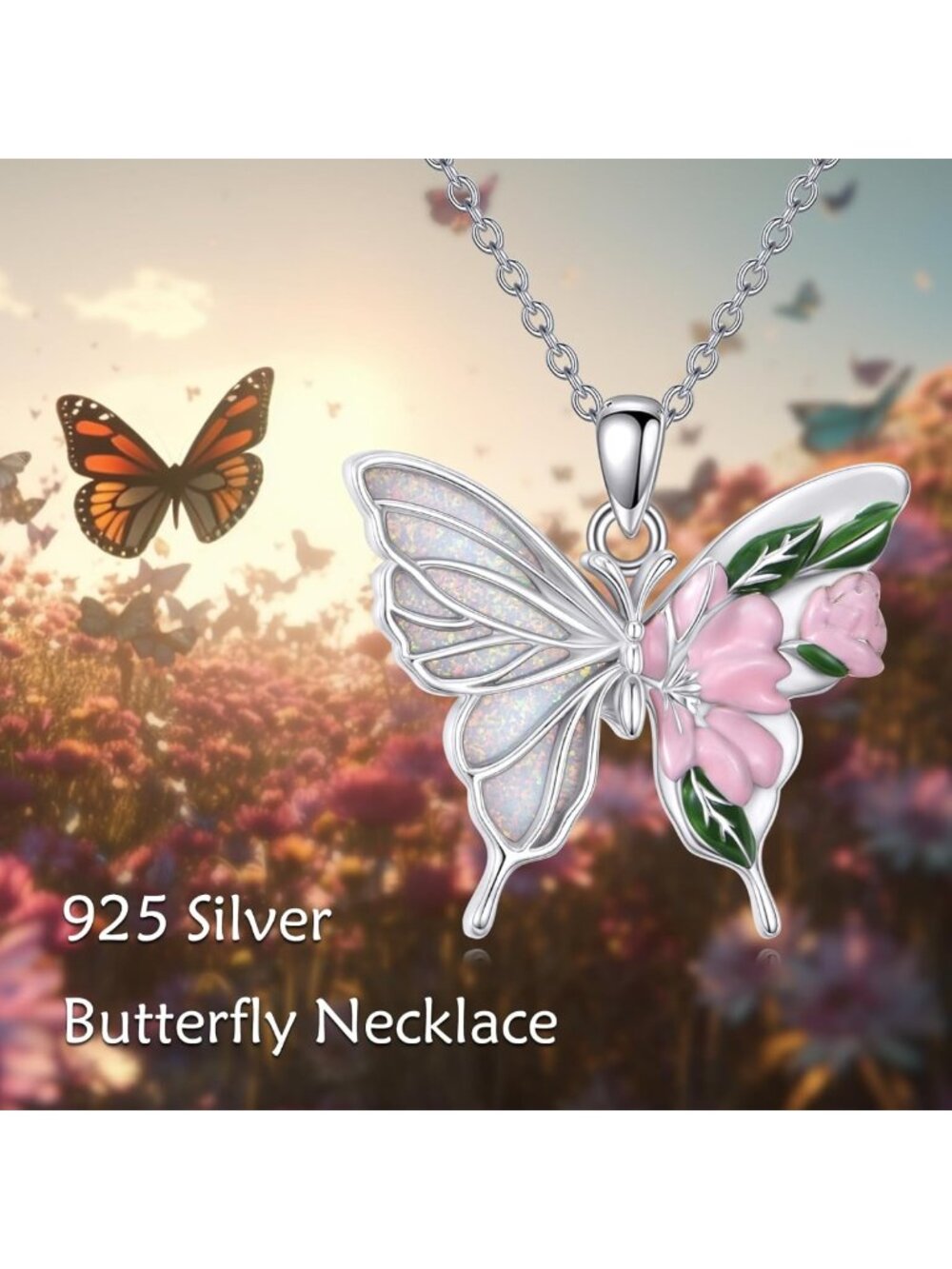 Elegant Butterfly & Dragonfly Necklace - 925 Sterling Silver, Opal & Moss Agate - Picture 5 of 7